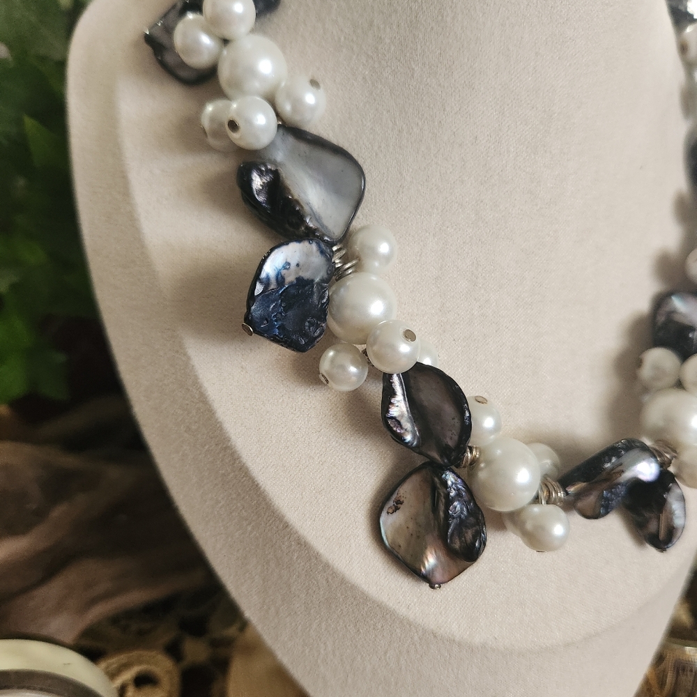 Elegant Faux Pearl and Blue Oyster Shell Necklace Chunky Seashell Ocean